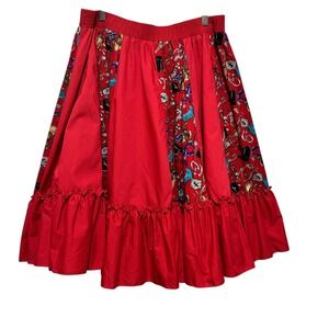 VTG Malco Modes Western Rodeo Full Skirt L Red Horse Riding Print Tiered Ruffle